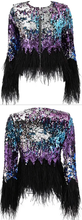 Feather-Trimmed Sequin-Embellished Jacket