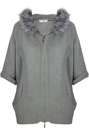 FELICIA Grey Fur Hooded Cardigan