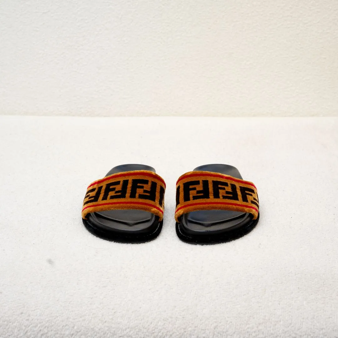 Fendi Brown FF Fur Slip On Slides, 37
