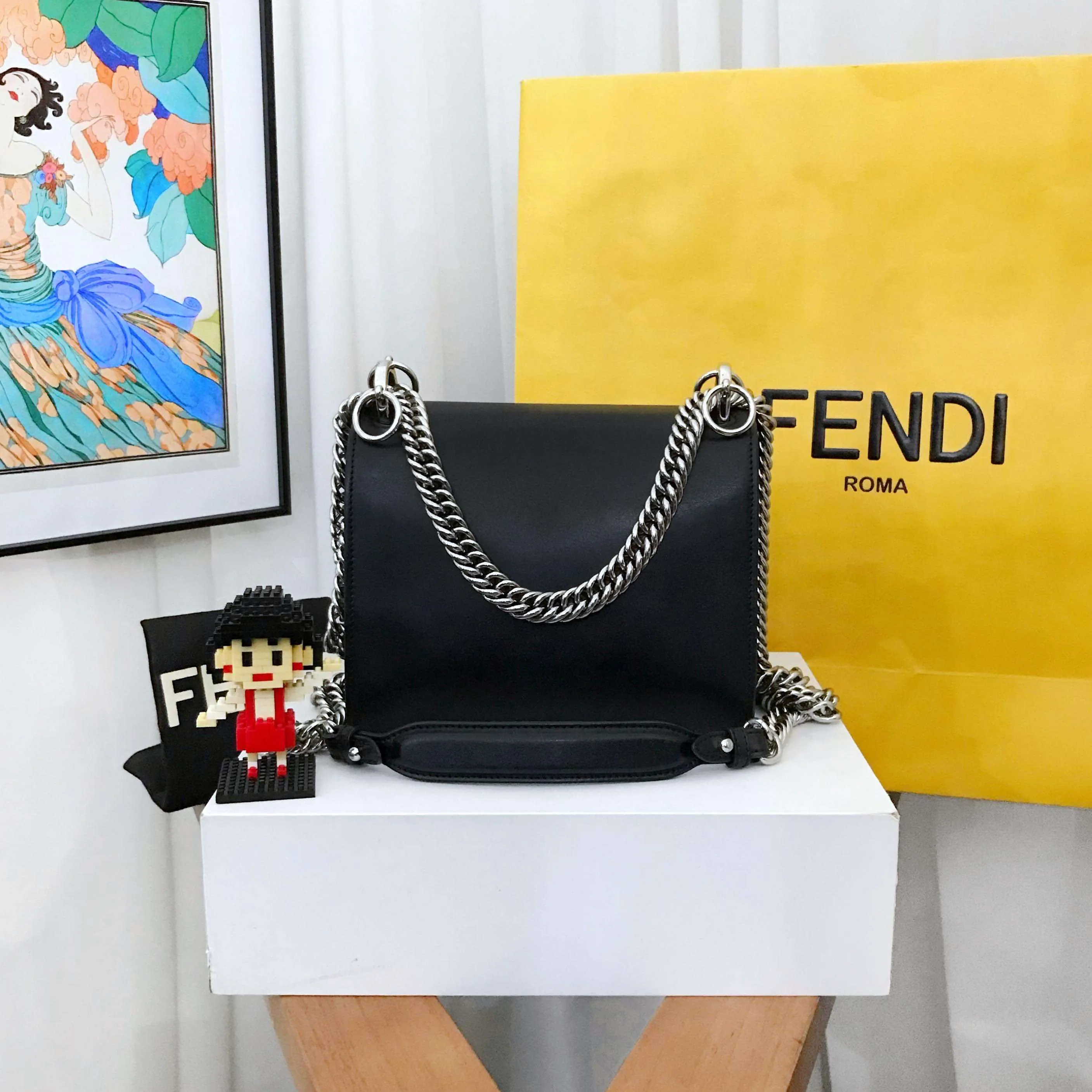 Fendi Kan I Black Leather Chain Bag Medium