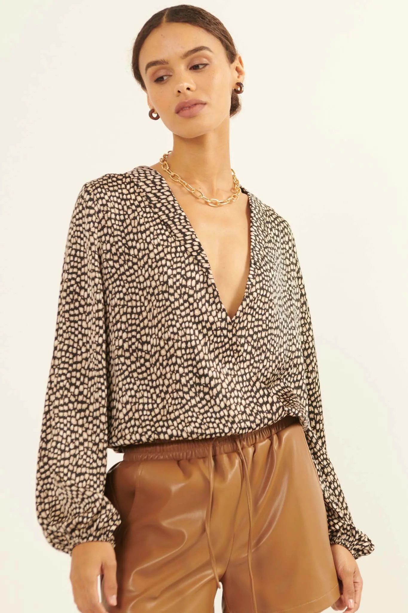 Fierce Creature Animal-Print Satin Surplice Top