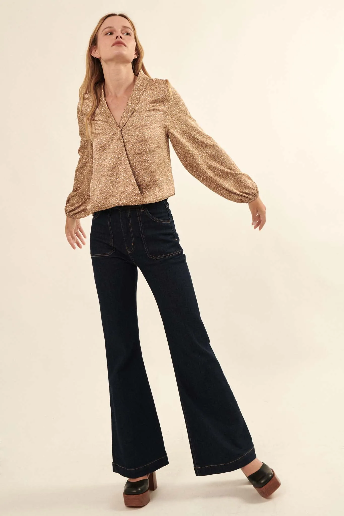 Fierce Creature Animal-Print Satin Surplice Top