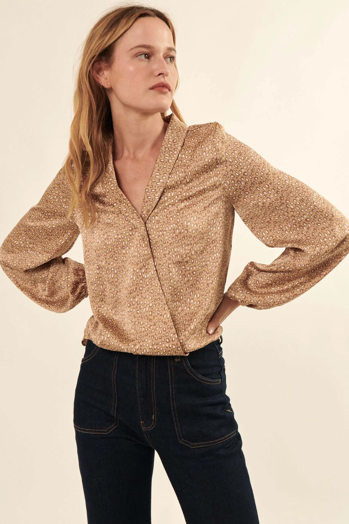 Fierce Creature Animal-Print Satin Surplice Top