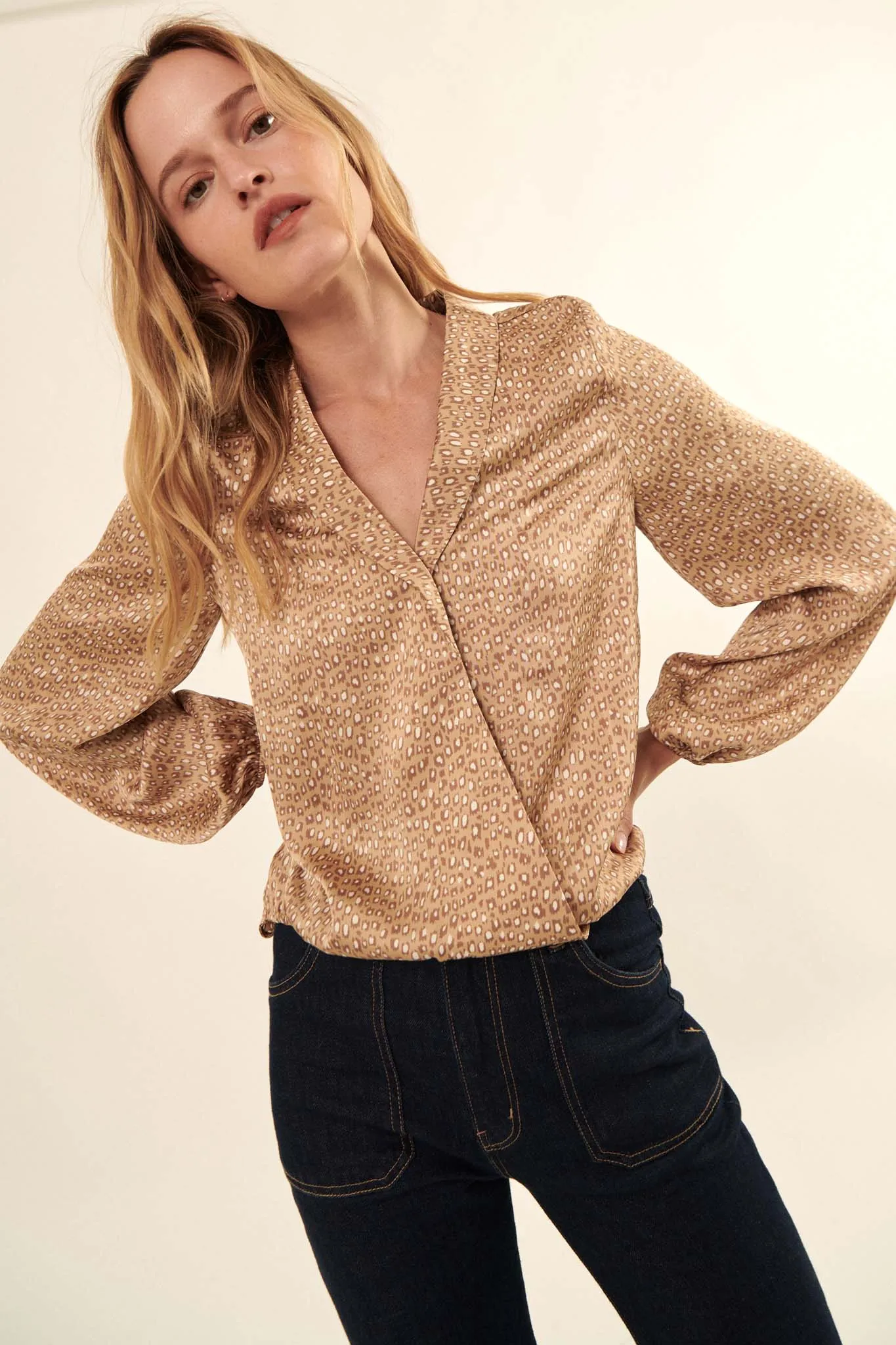 Fierce Creature Animal-Print Satin Surplice Top