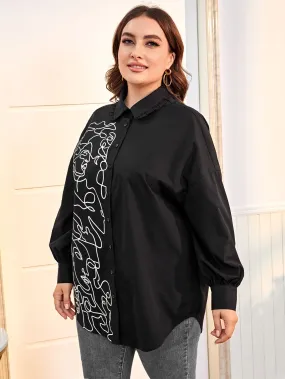 Figure Button Front Long Sleeve Collar Long Plus Size Blouse