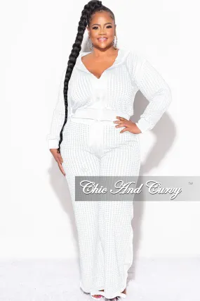 Final Sale Plus Size 2pc Hooded Zip-Up Rhinestone Set in White