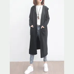 fine black woolen outwear oversized big pockets long coats hooded jackets