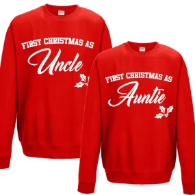 First Christmas As Auntie & Uncle Classic Script Red Sweatshirts (MRK X)