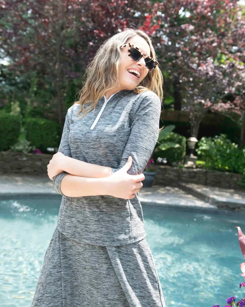Flamingo Heather Grey Half Zip 2 Piece Swim Top & Skirt Set