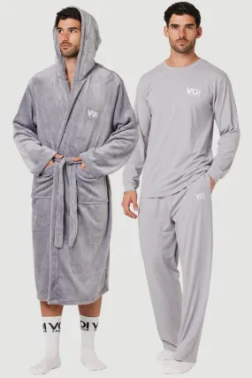 Fleece Dressing Gown & Cotton PJ Set Bundle - Grey/Grey
