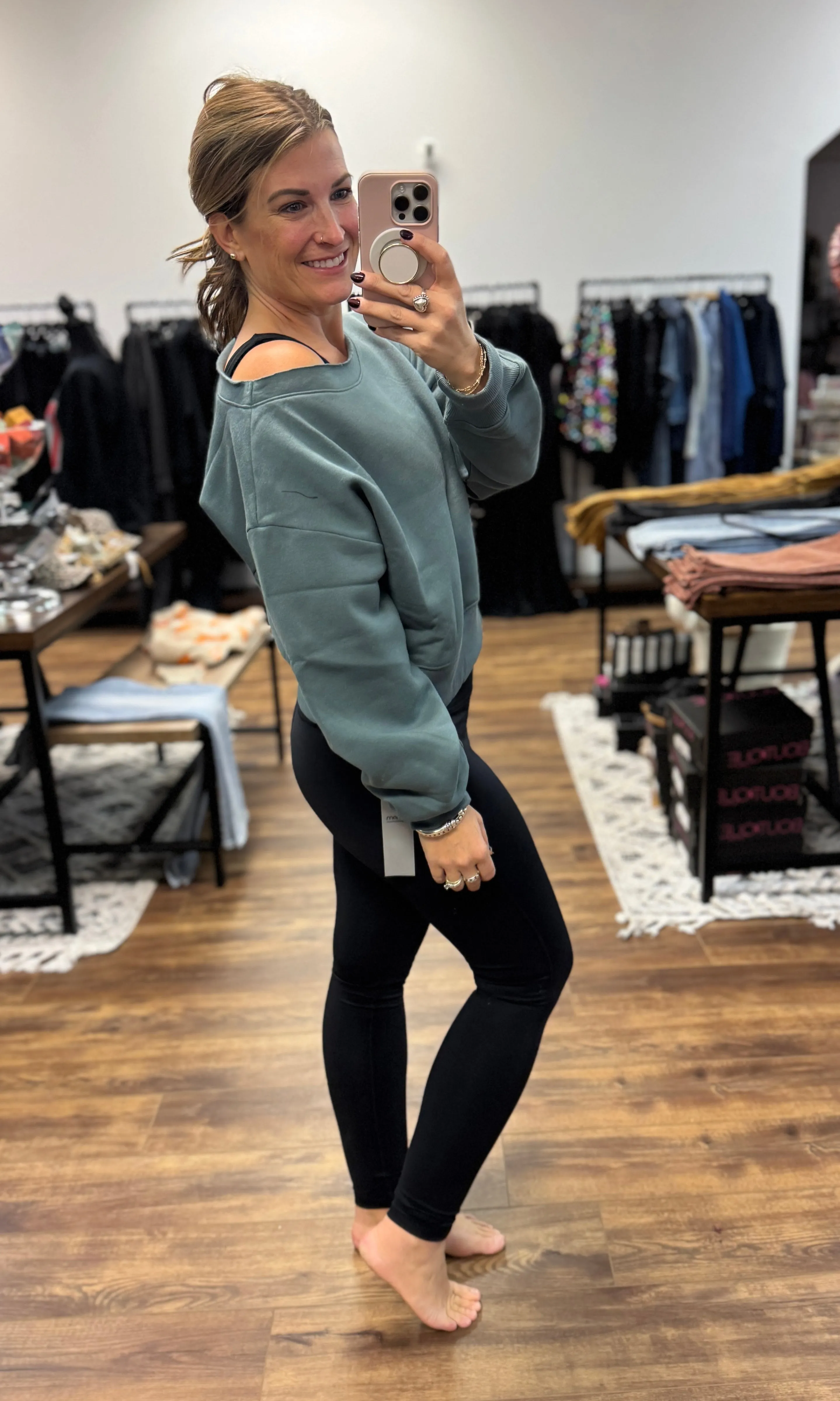 Fleece Off Shoulder Pullover - Ash Jade
