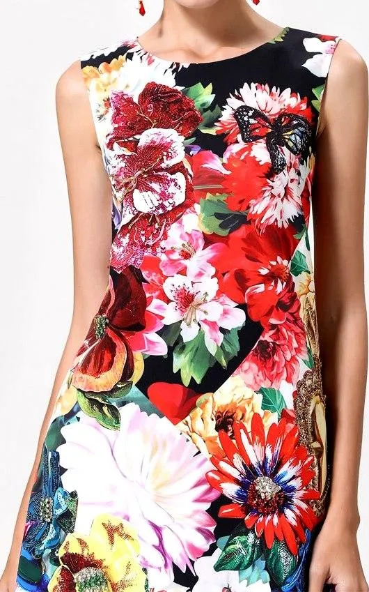 Floral-Appliques Embellished Printed Mini Shift Dress