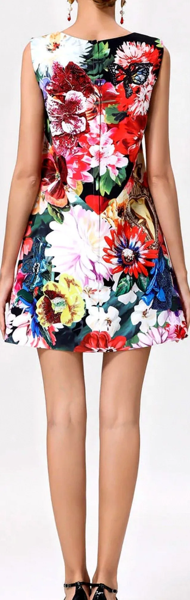 Floral-Appliques Embellished Printed Mini Shift Dress