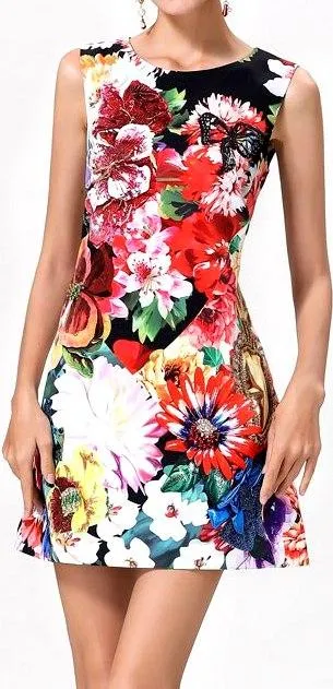 Floral-Appliques Embellished Printed Mini Shift Dress
