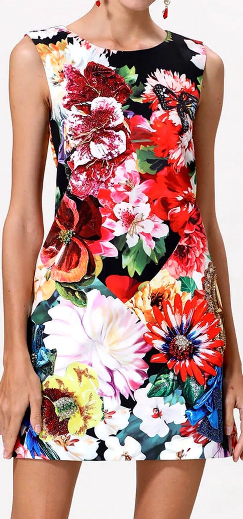 Floral-Appliques Embellished Printed Mini Shift Dress