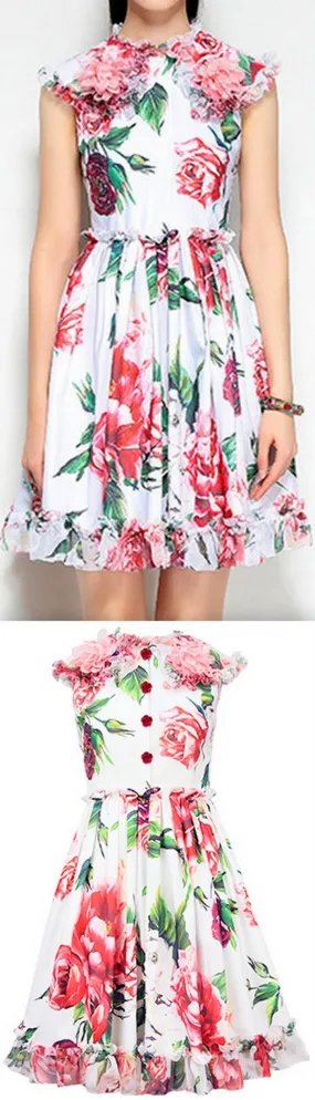 Floral Appliques Printed Mini Dress