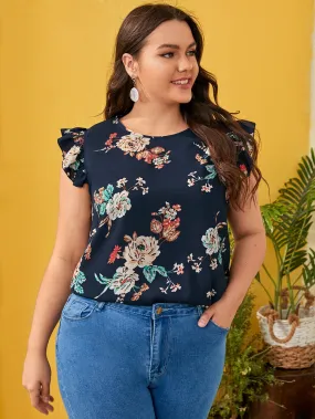 Floral Button Cap Sleeve Round Neck Regular Plus Size Blouse