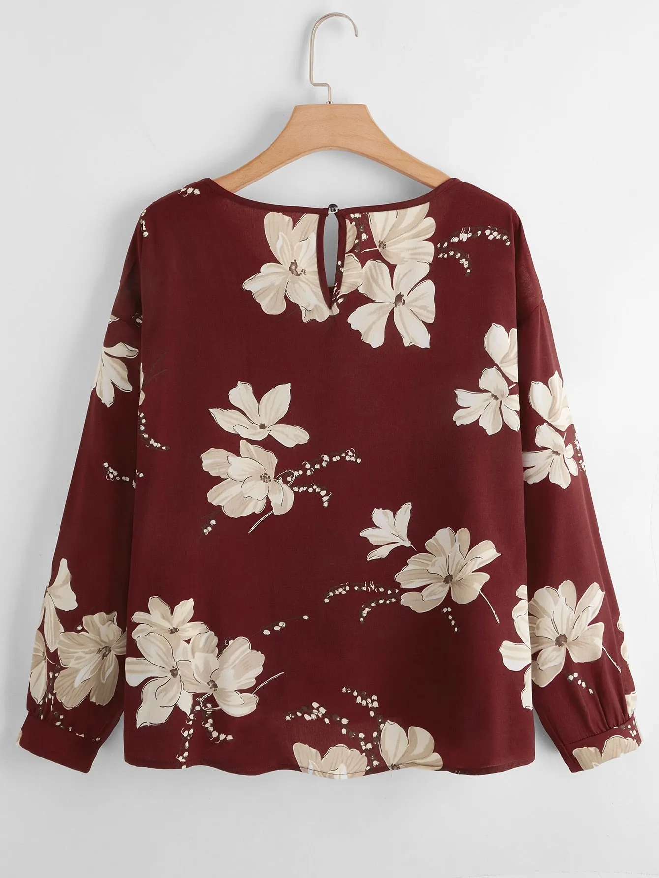 Floral Button Long Sleeve Round Neck Regular Plus Size Blouse