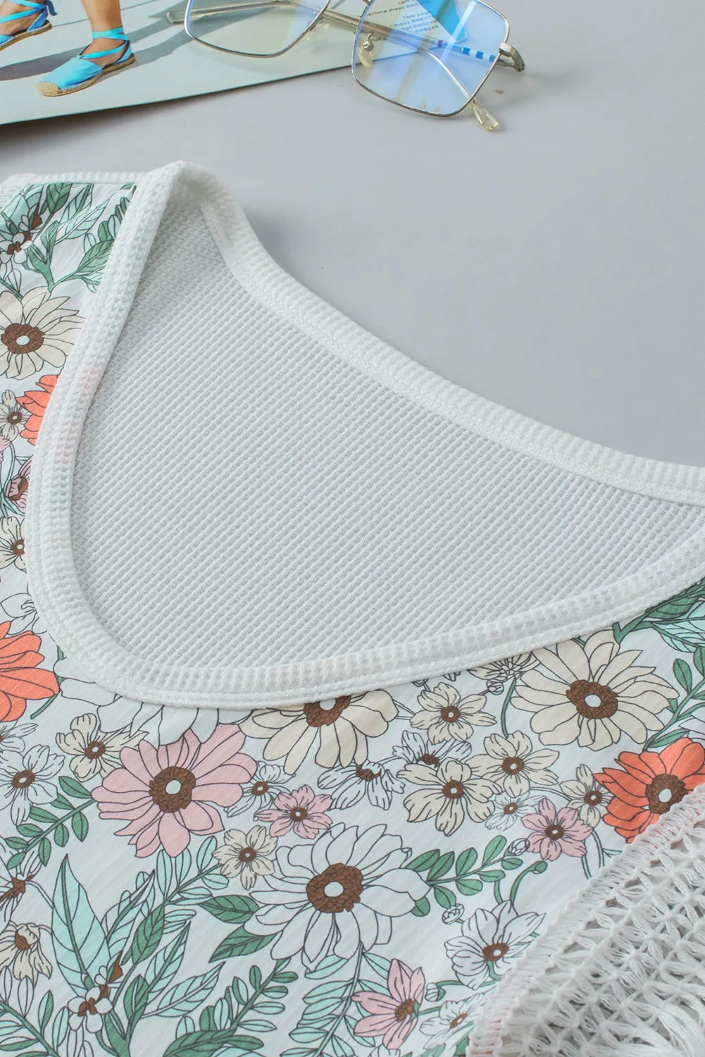 Floral Crinkle Gauze Lace Fringed Crochet Top
