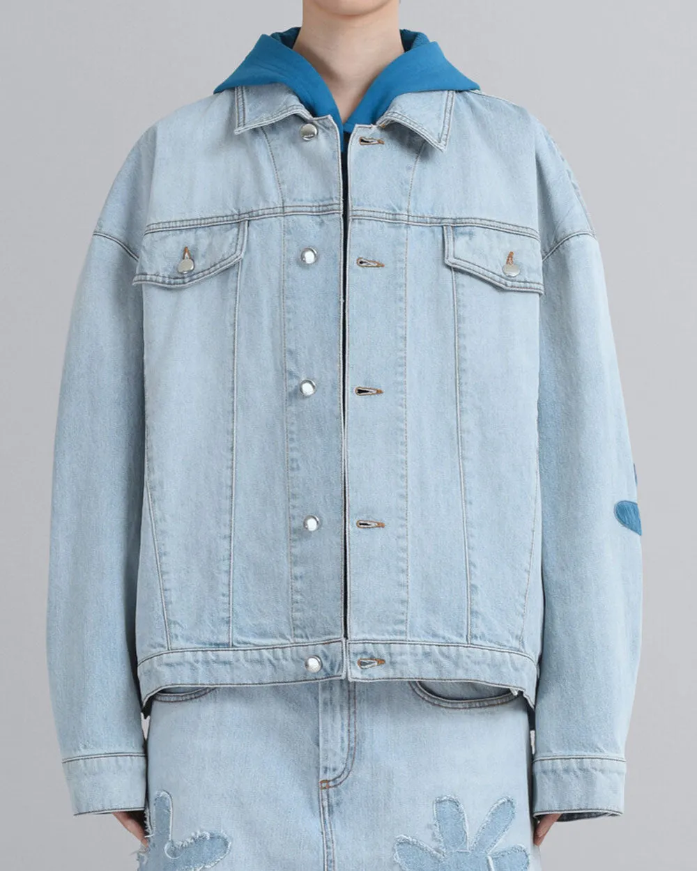 Floral Elbow Patch Oversized Denim Jacket