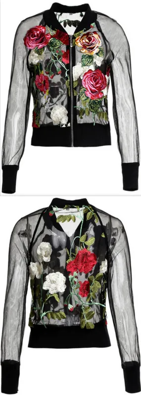Floral Embroidered Black Sheer Jacket