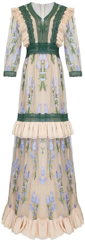 Floral-Embroidered Macrame Lace Trim Gown