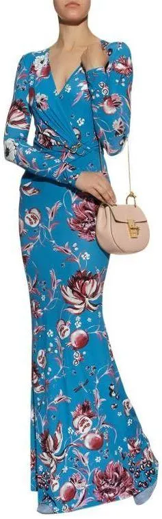 Floral Long Wrap-Effect Jersey Silk Gown