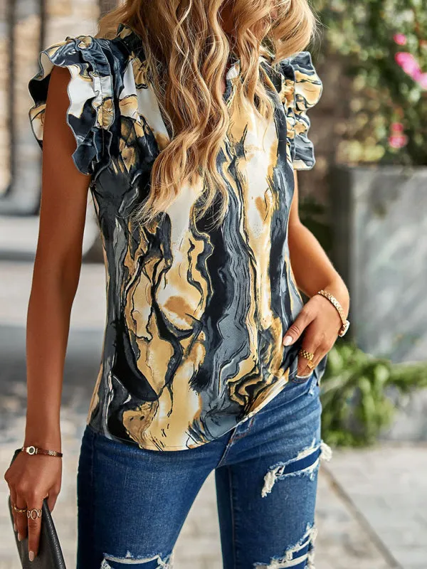 Floral Notch Neck Blouse - Ruffle Layered Cap Sleeve Top