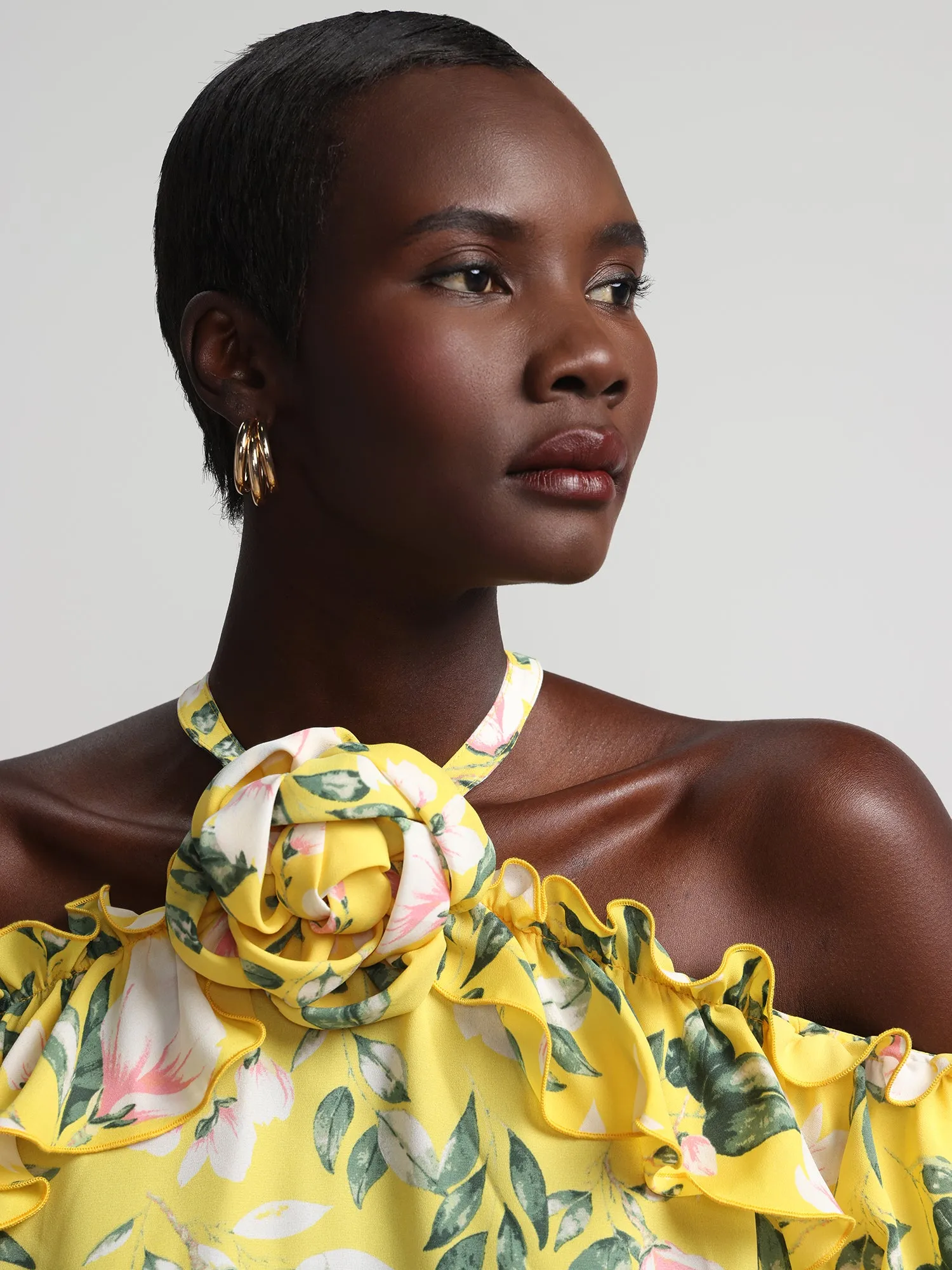 Floral Off-The-Shoulder Halterneck Ruffle Blouse
