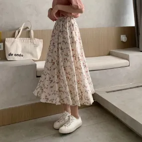 Floral Print A-line Pleated Long Skirts