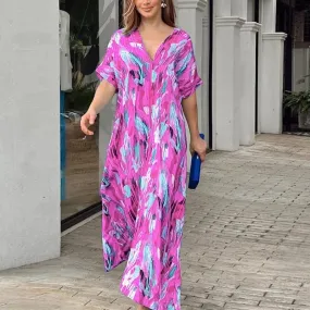 Floral Printed Dress for Women Casual V Neck High Waist Swing Dress B-108201