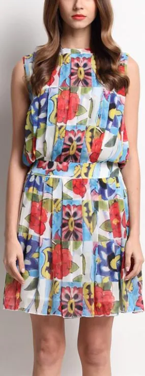Floral-Printed Pleated Silk & Chiffon Mini Dress