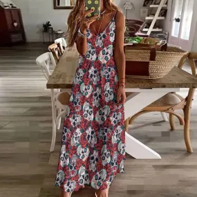 Floral Skulls Sling Ankle Long Maxi Dress