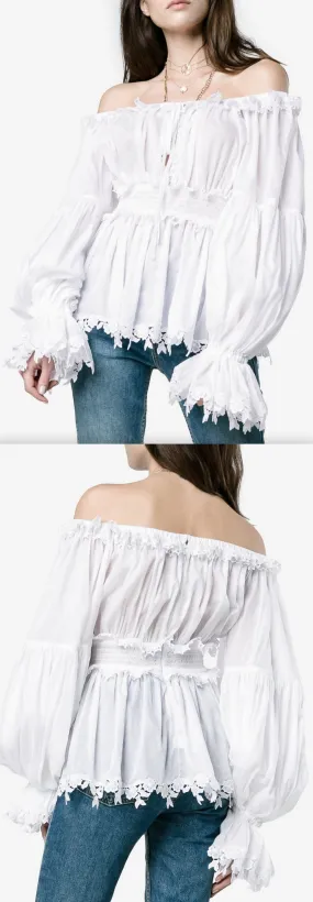 Floral-Trimmed Off-Shoulder Blouse