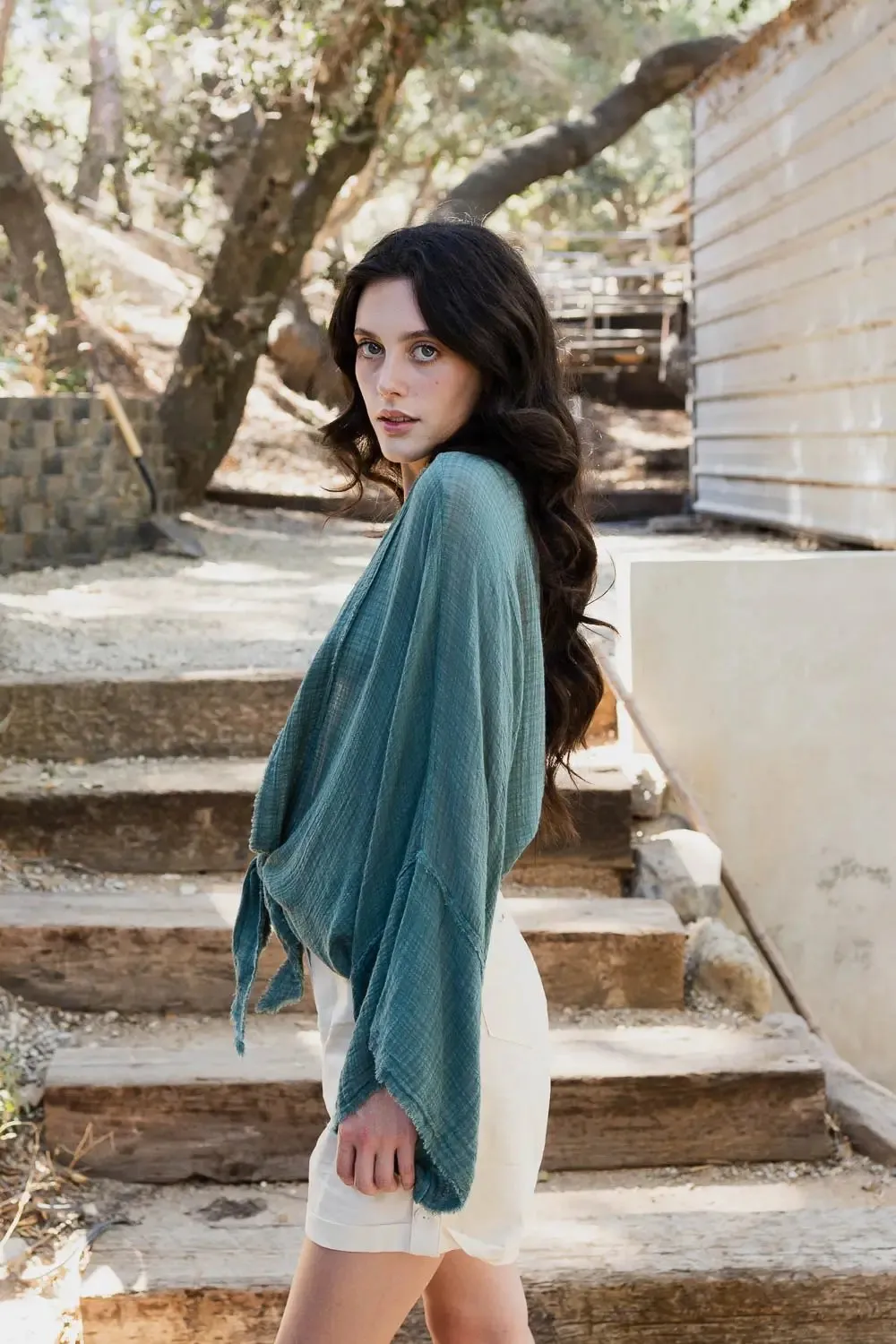 Flounce Sleeve Kimono Wrap Top (Pine)