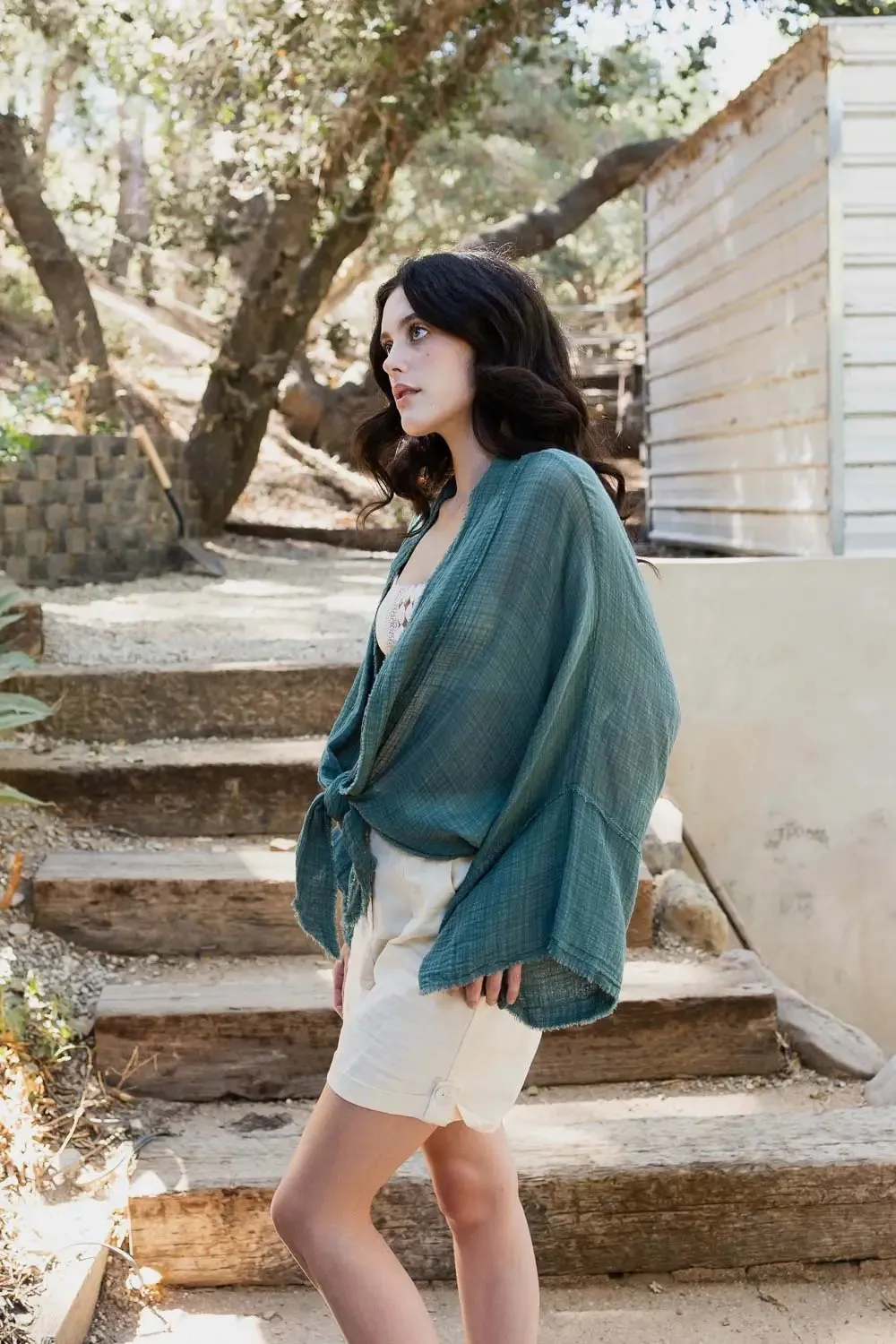 Flounce Sleeve Kimono Wrap Top (Pine)