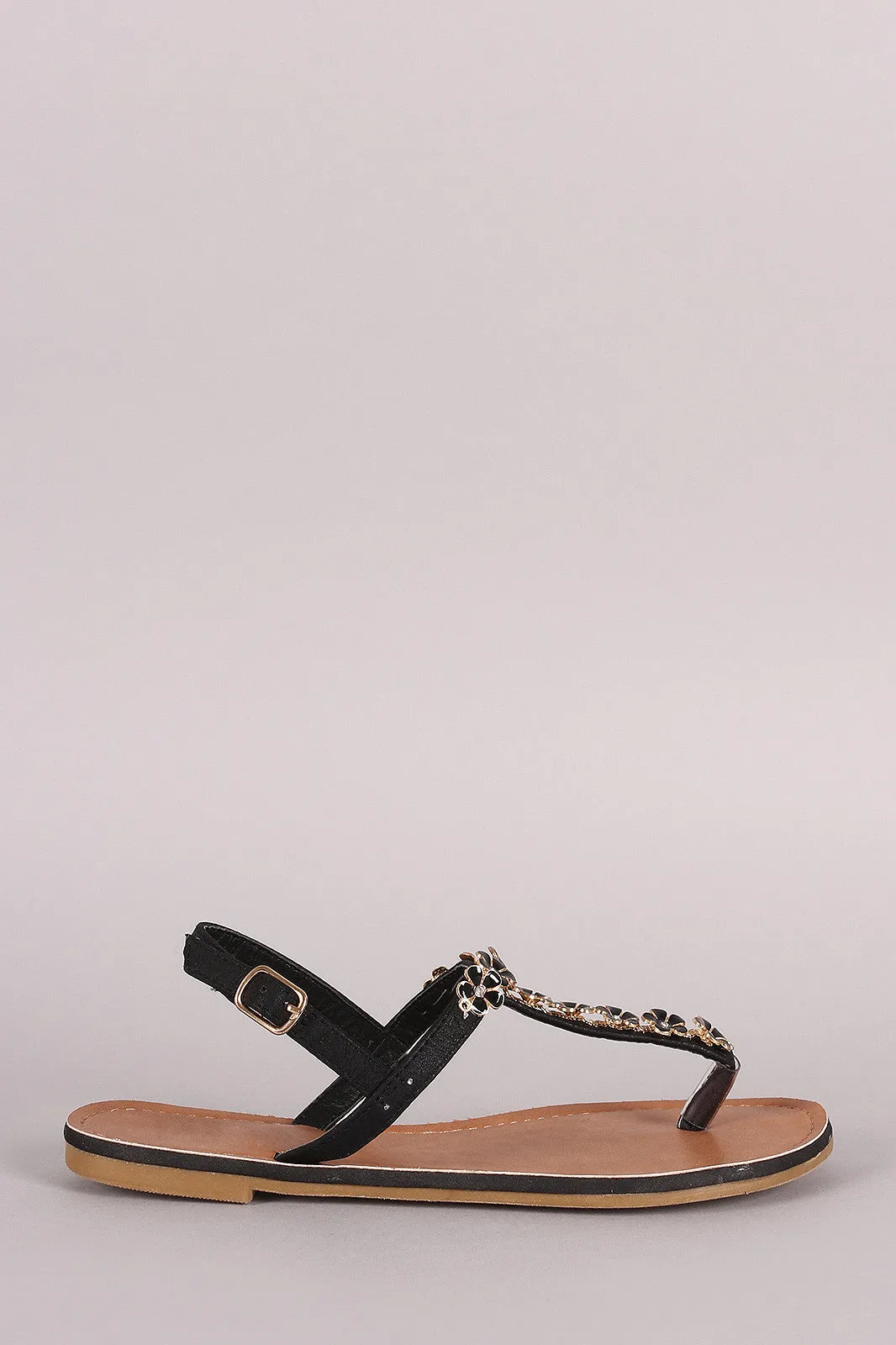 Flower Embellished T-Strap Slingback Flat Sandal
