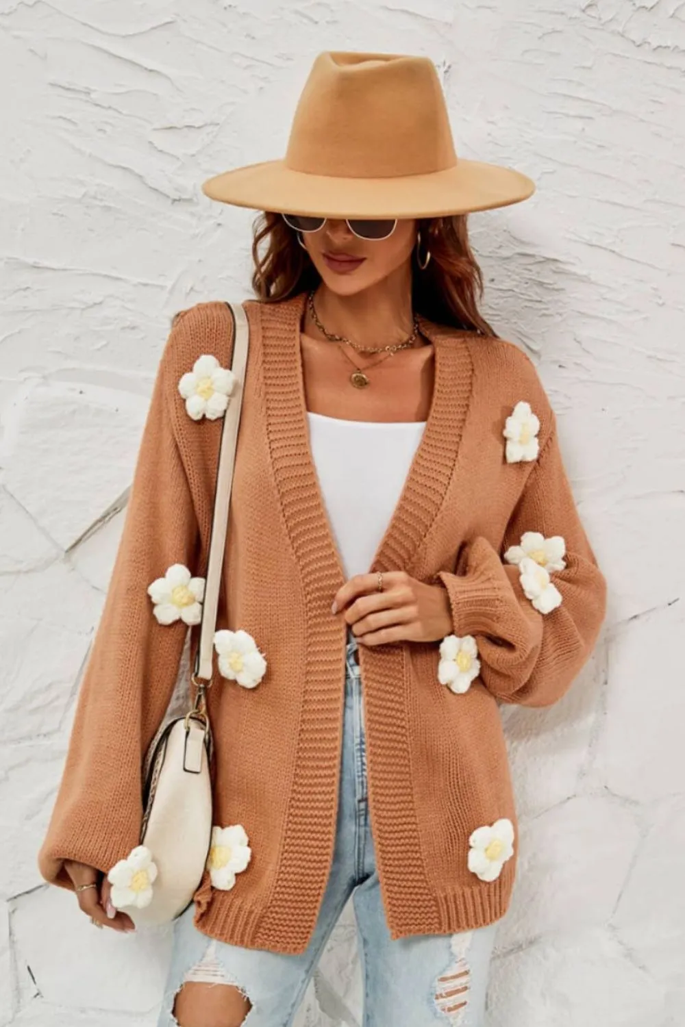 Flowers Knitted Buttonless Sweater Cardigan