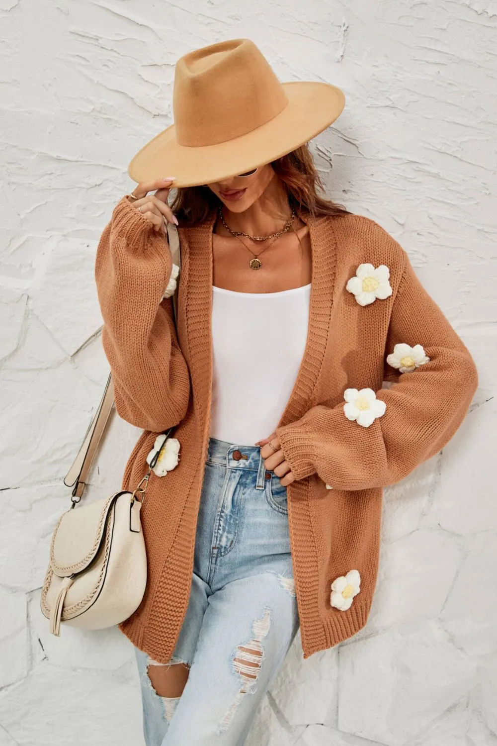 Flowers Knitted Buttonless Sweater Cardigan