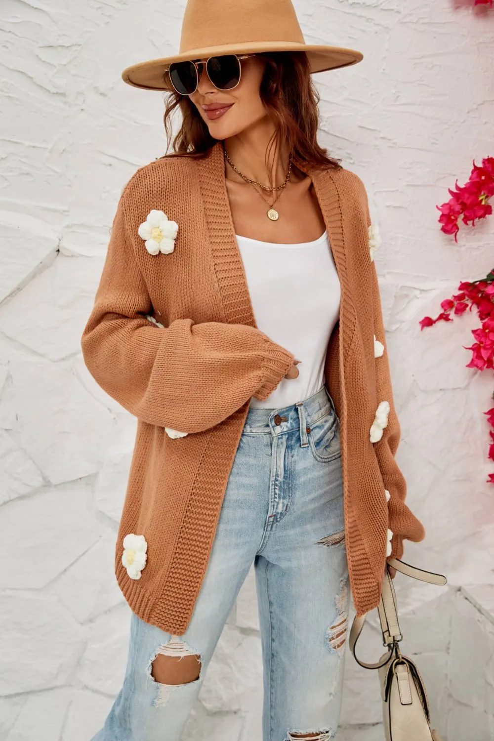Flowers Knitted Buttonless Sweater Cardigan
