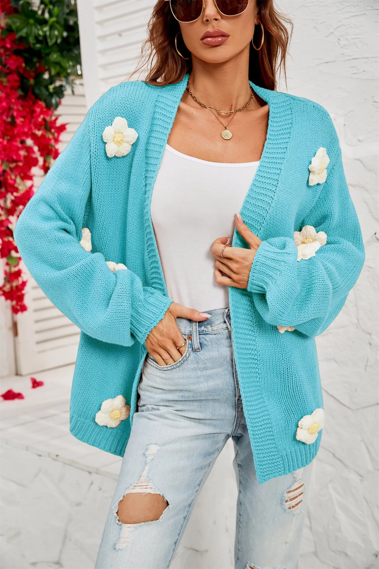 Flowers Knitted Buttonless Sweater Cardigan