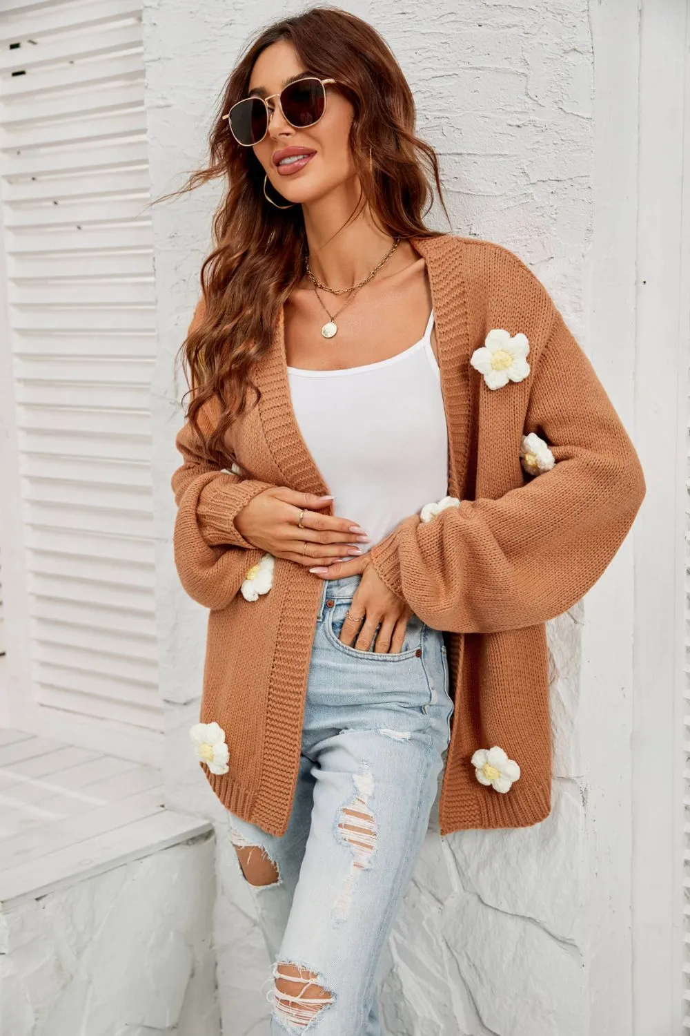 Flowers Knitted Buttonless Sweater Cardigan