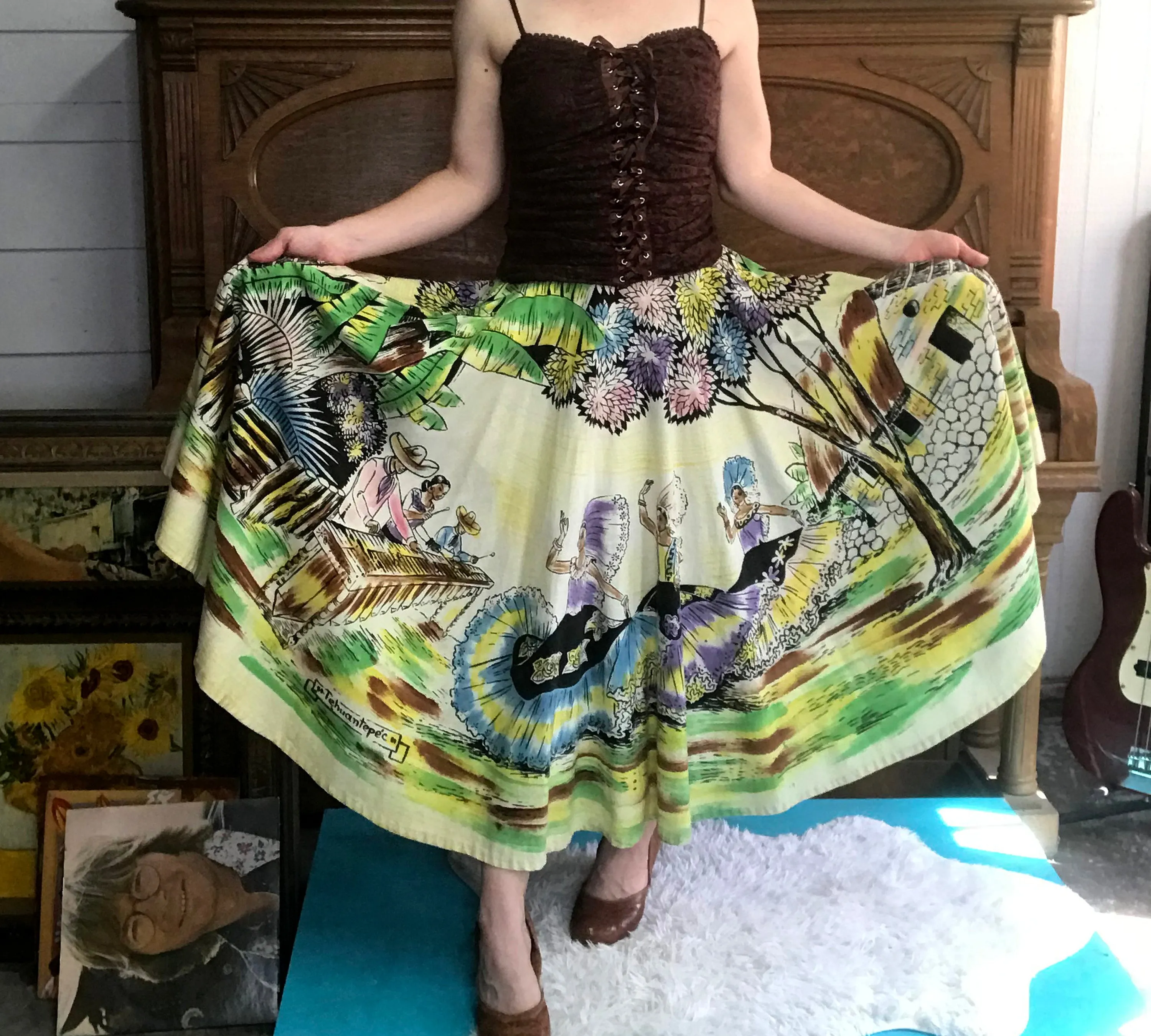 Folk Mexican Tiki Cotton | Art Sequin Beaded | Circle Skirt Pin Up | M L