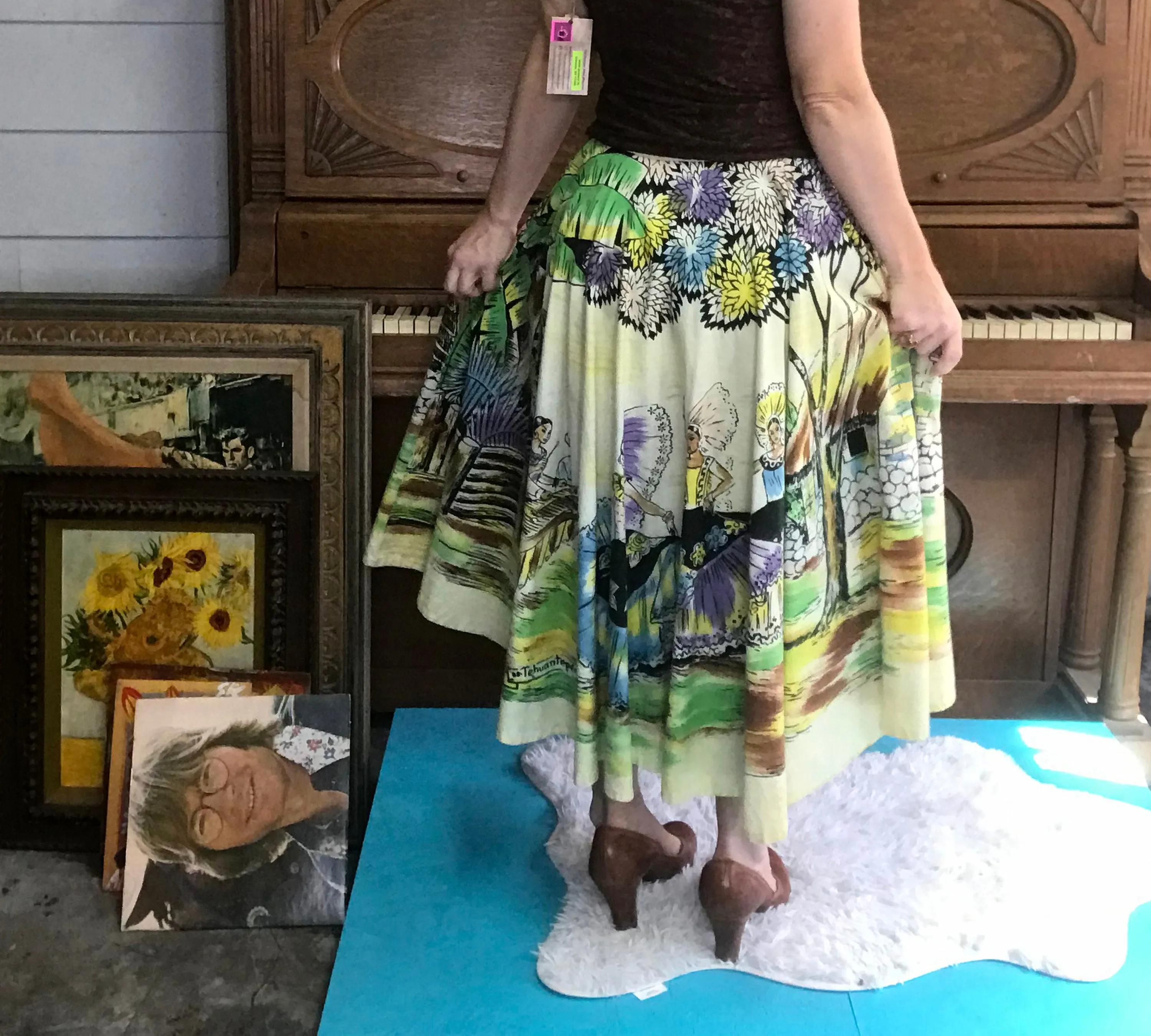 Folk Mexican Tiki Cotton | Art Sequin Beaded | Circle Skirt Pin Up | M L