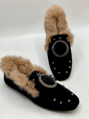 Forever Comfort Studded Faux Fur Loafers (Black)