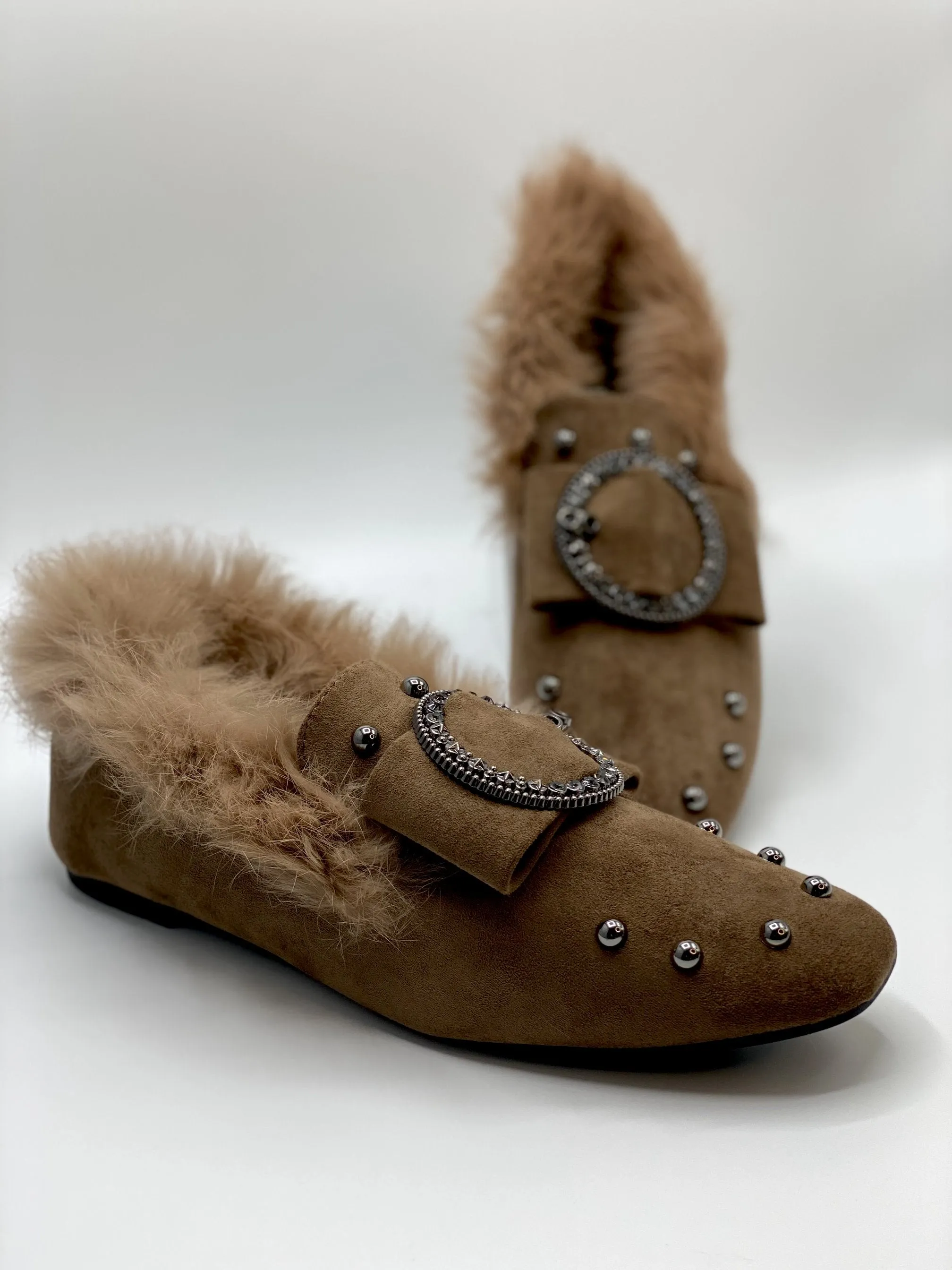 Forever Comfort Studded Faux Fur Loafers (Khaki)
