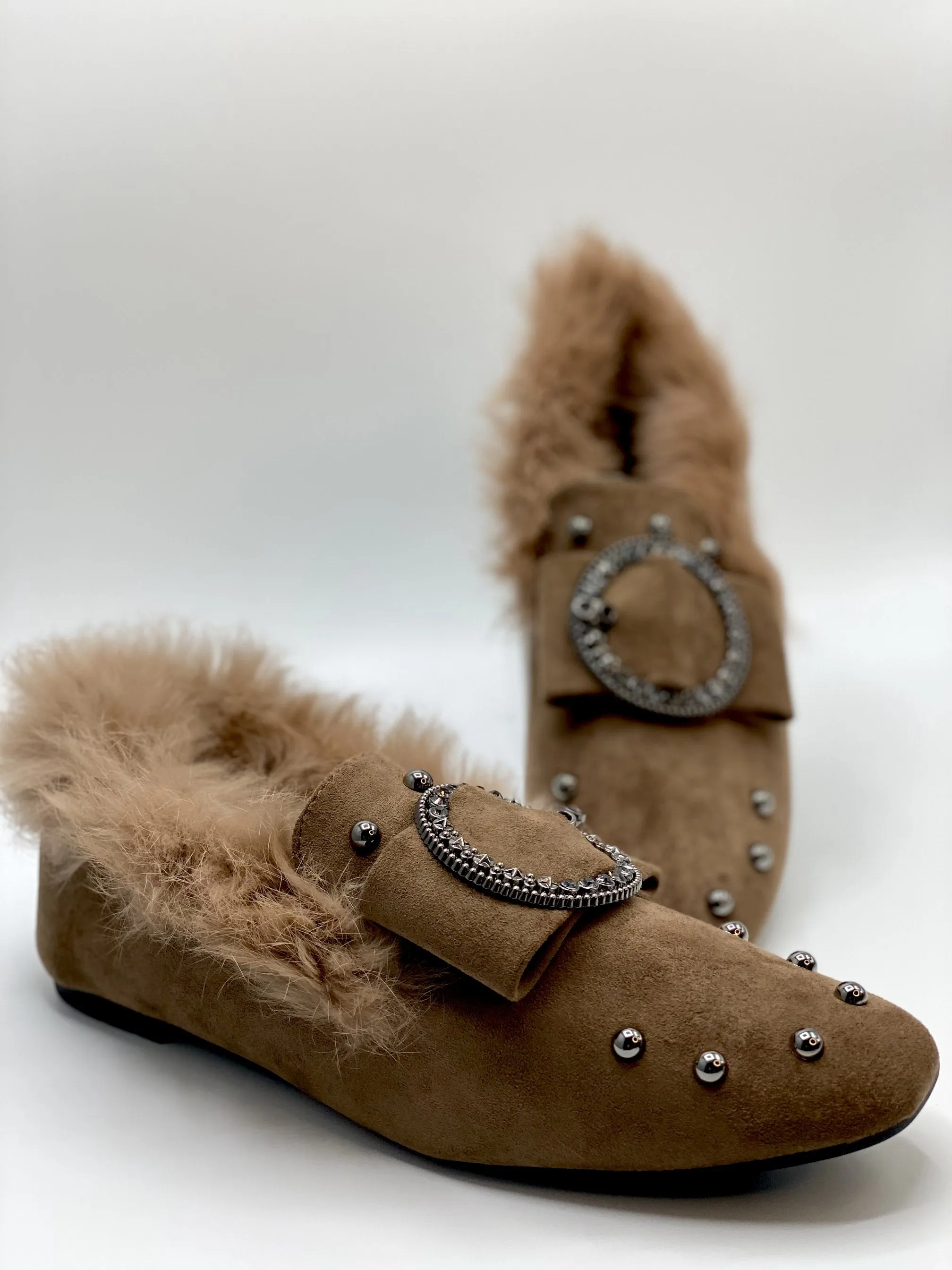 Forever Comfort Studded Faux Fur Loafers (Khaki)