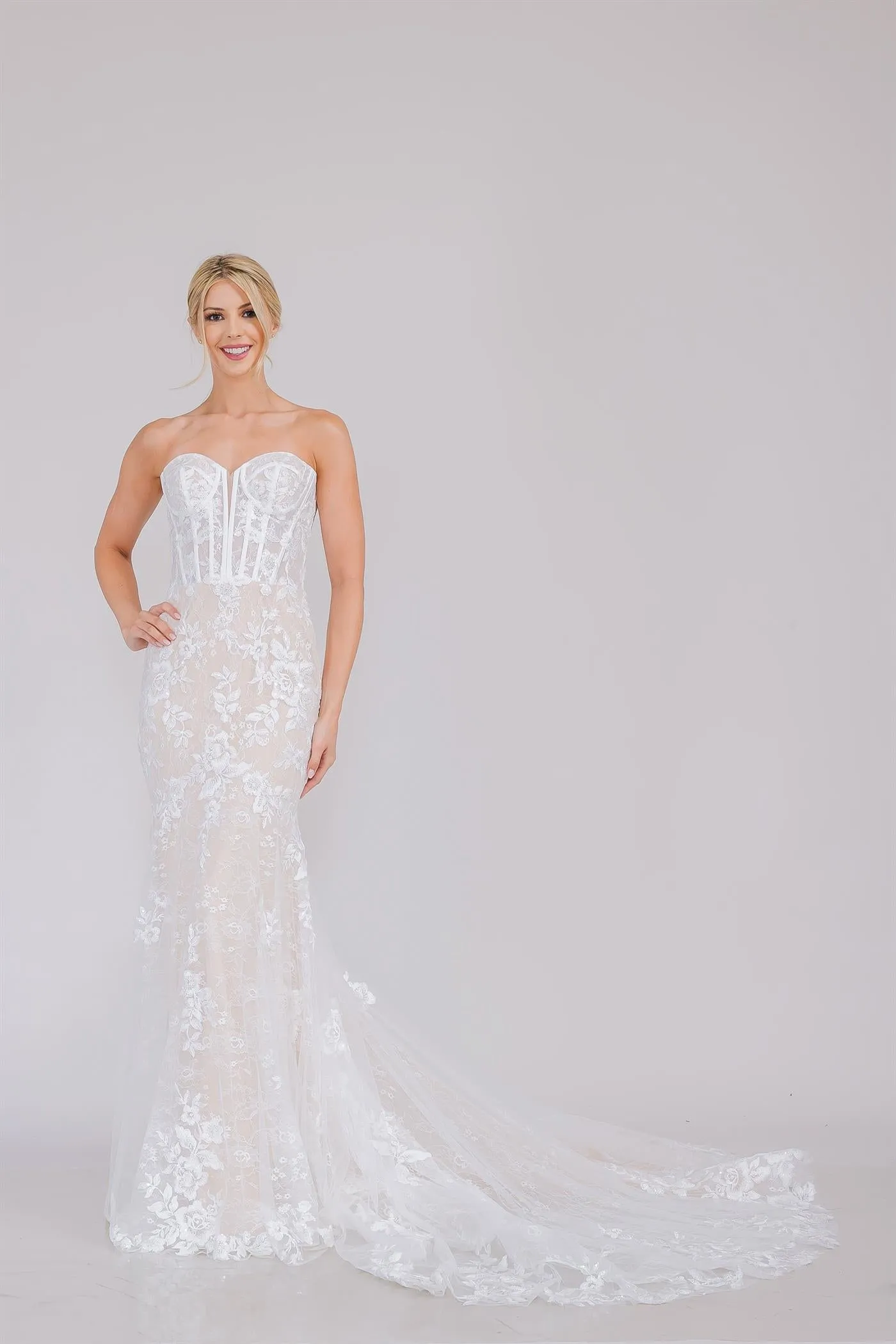 Formal Off White Long Wedding Floral Lace Embellished Gown w/ Sweetheart Neckline ACWL0100