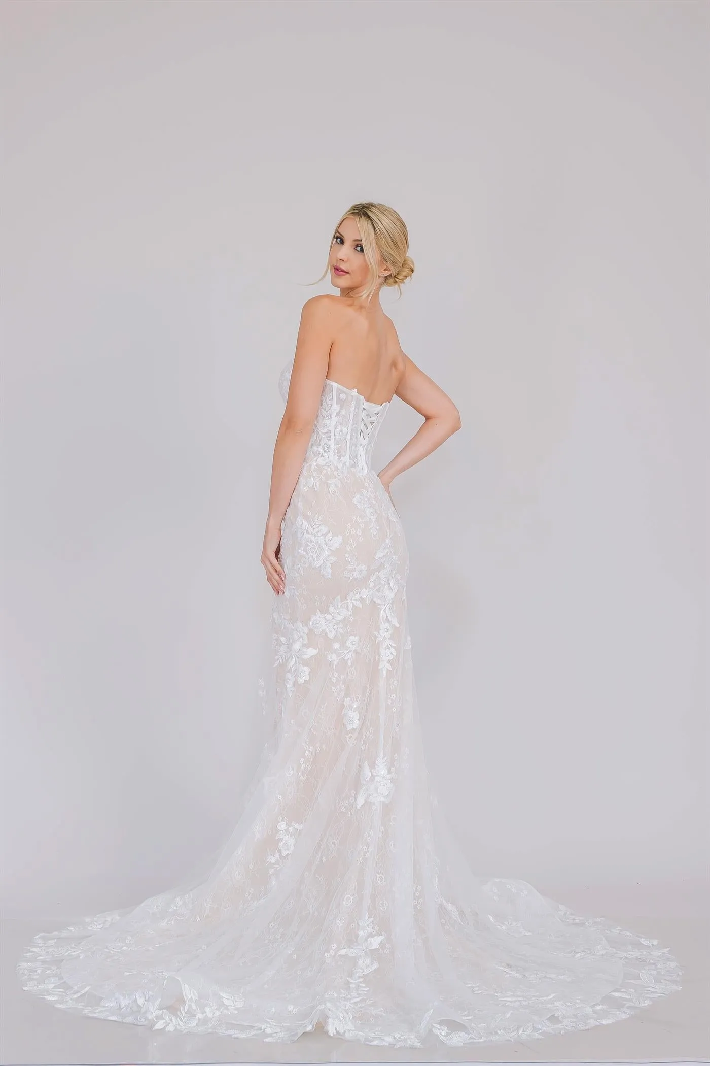 Formal Off White Long Wedding Floral Lace Embellished Gown w/ Sweetheart Neckline ACWL0100