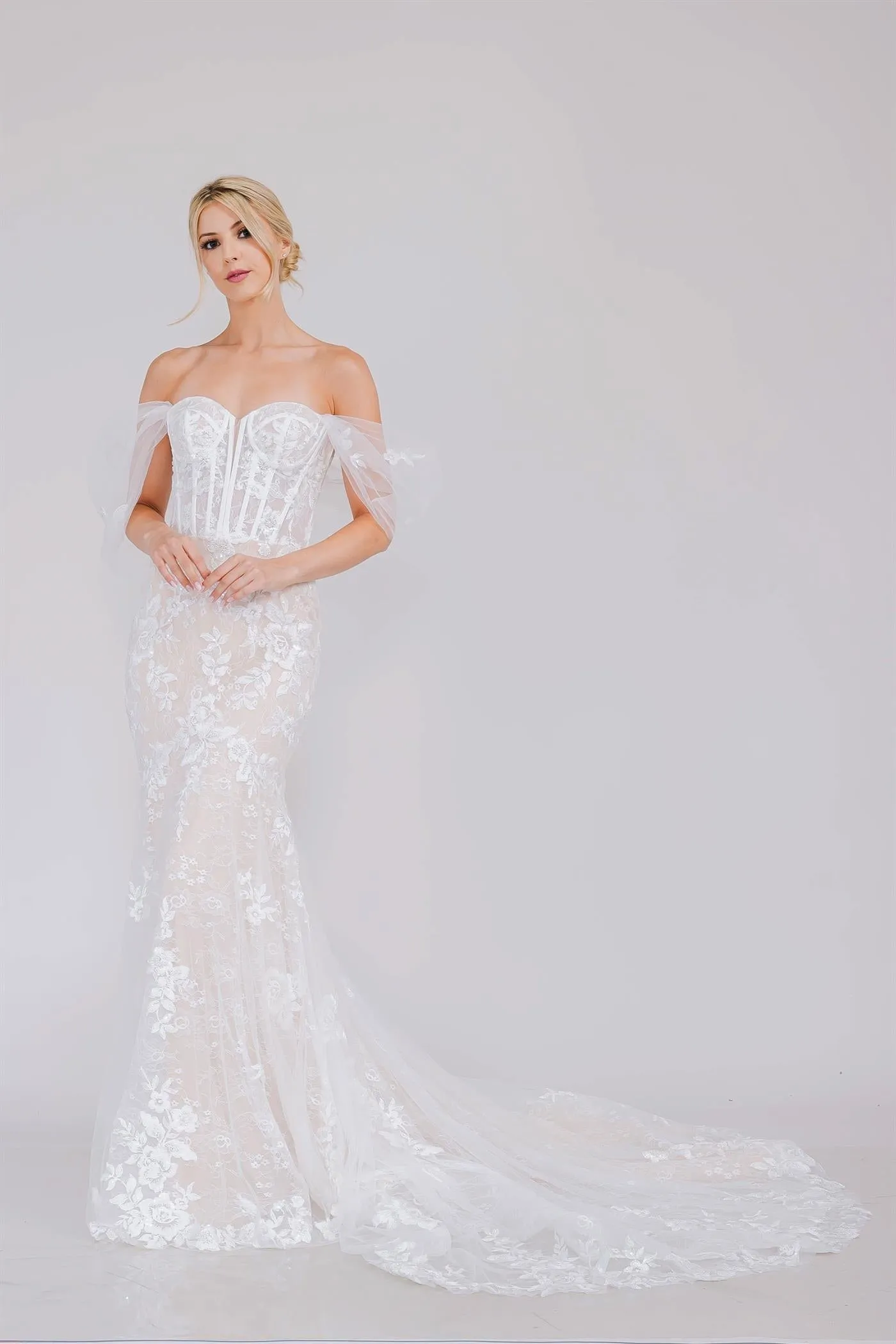 Formal Off White Long Wedding Floral Lace Embellished Gown w/ Sweetheart Neckline ACWL0100